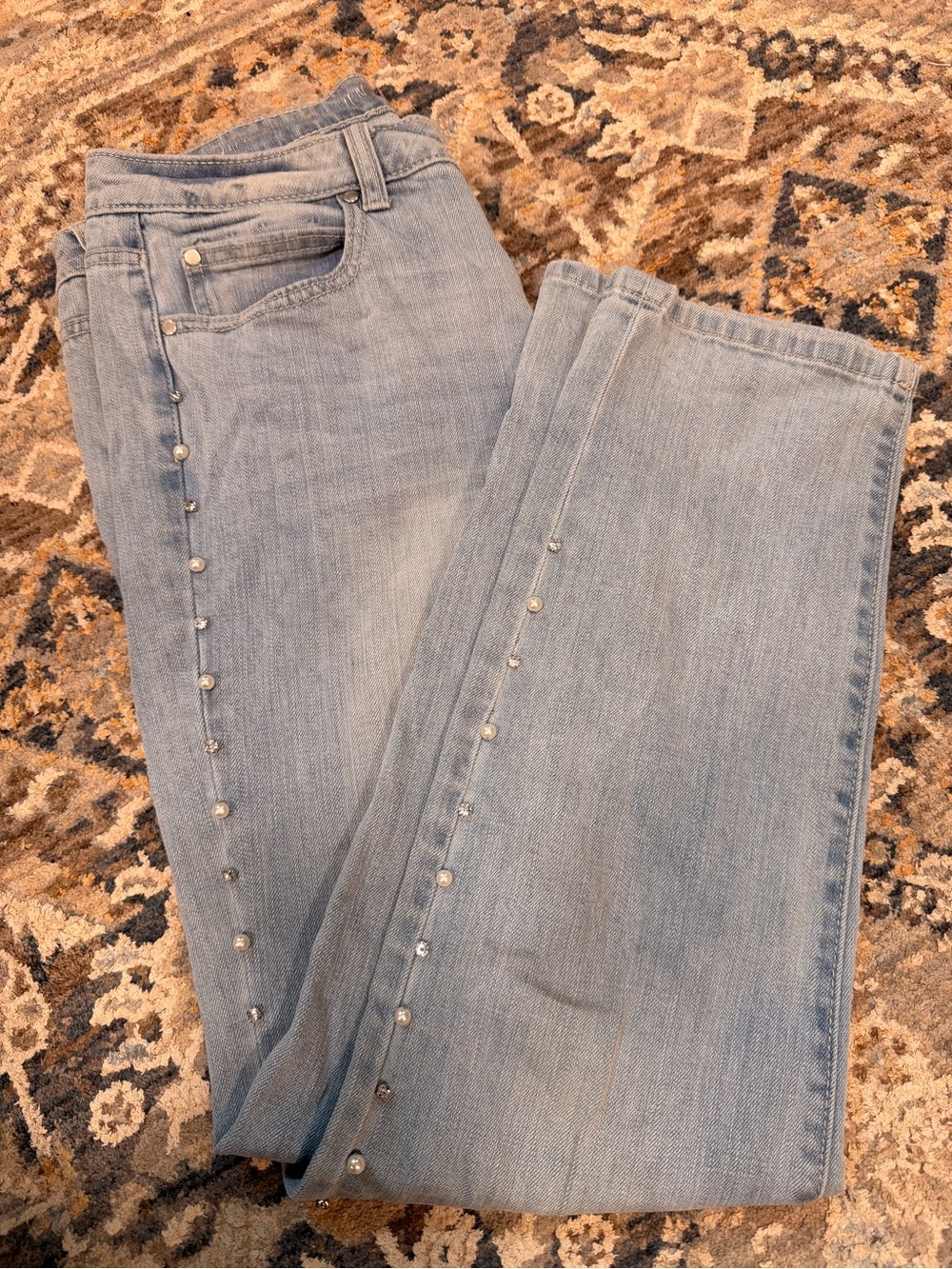 Jennifer Lopez Light Blue Flare Jeans with Side Pearl Studs